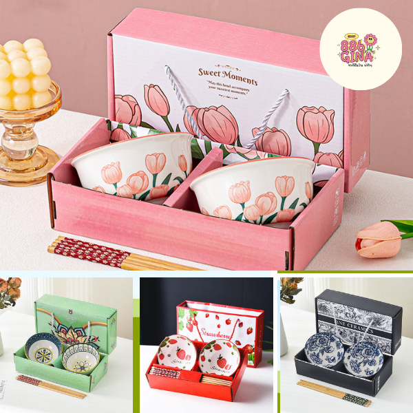 🍉Gina.shop🍉 ชุดชามเซรามิกพร้อมตะเกียบ เซ็ตของขวัญ มีกล่องแพคเกจสวยงาม พร้อมส่ง