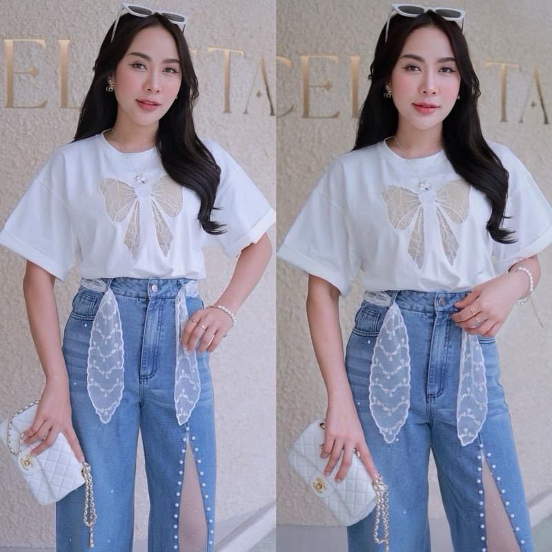 Thealner-AN622 (เซตเสื้อขาวแขนสั้นแต่งโบว์ซีทรูกางเกงยีนส์ขายาว)