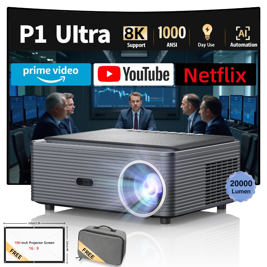 เครื่องฉายภาพ โปรเจคเตอร์ Projector 8k ธุรกิจ การประชุมสำนักงาน Fintex Max Full HD P1 Ultra 1000ANSI Dolby Audio/WIFI 6