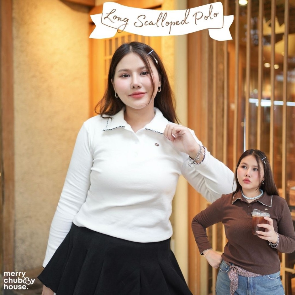 Long Scalloped polo 🥟🎀 เสื้อโปโลคอปกแขนยาวแต่งขอบหยักผ้ายืดนุ่มใส่สบาย (T0213) - Merrychubbyhouse