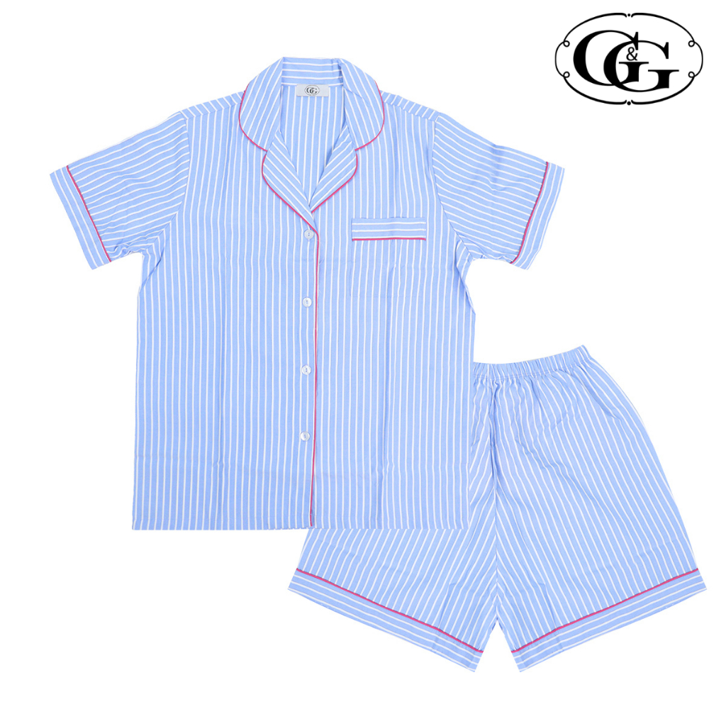 G&G ชุดนอน เสื้อแขนสั้นคอปก กางเกงขาสั้น ผ้าโพลีเอสเตอร์ EN1P010 (BU) สีฟ้า