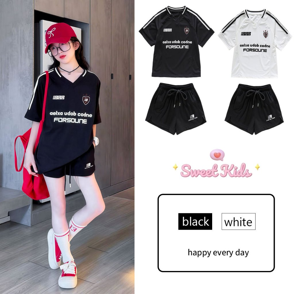 SweetKids พร้อมส่งจากกทม🌸ชุดเด็กผู้หญิง🍓ชุดลำลองสองชิ้น เสื้อยืดแขนสั้นคอวี+กางเกงขาสั้น แบบกีฬา ใส่สบายฤดูร้อน แห้งเร็ว