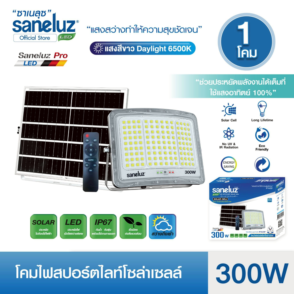 Saneluz สปอร์ตไลท์โซล่าเซลล์ รุ่น BRIGHT 300W 400W 600W ไฟโซล่าเซลล์ LED พร้อมรีโมท แผงโซล่าเซลล์ ปร