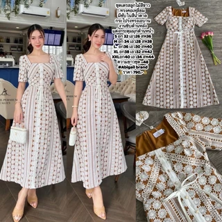 S-XXL ชุดเดรสลูกไม้สีขาว,ครีม,ดำ แต่งระบาย คอเหลี่ยม,คอปก ใส่ทำบุญ งานบวช งานบุญ งานแต่ง