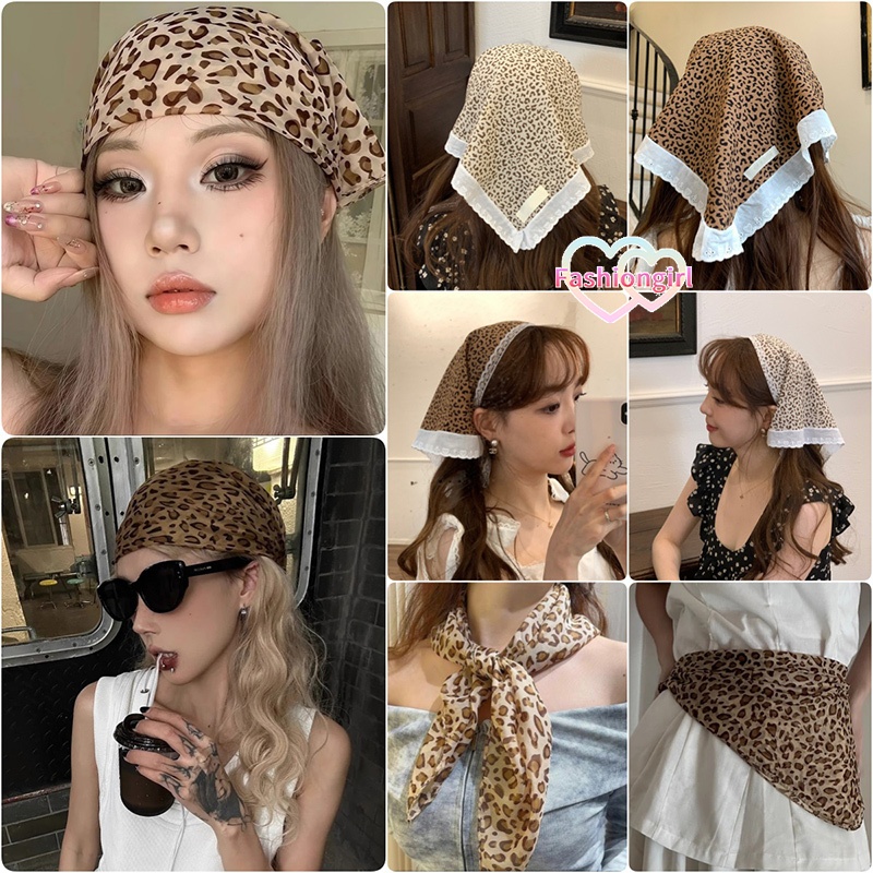 Fashion girl ผ้าโพกหัวลายเสือสุดฮิต ลูกไม้ ลายเสือดาว ราคาถูกที่สุด ผ้าพันแผลสามเหลี่ยม สวมใส่สบาย