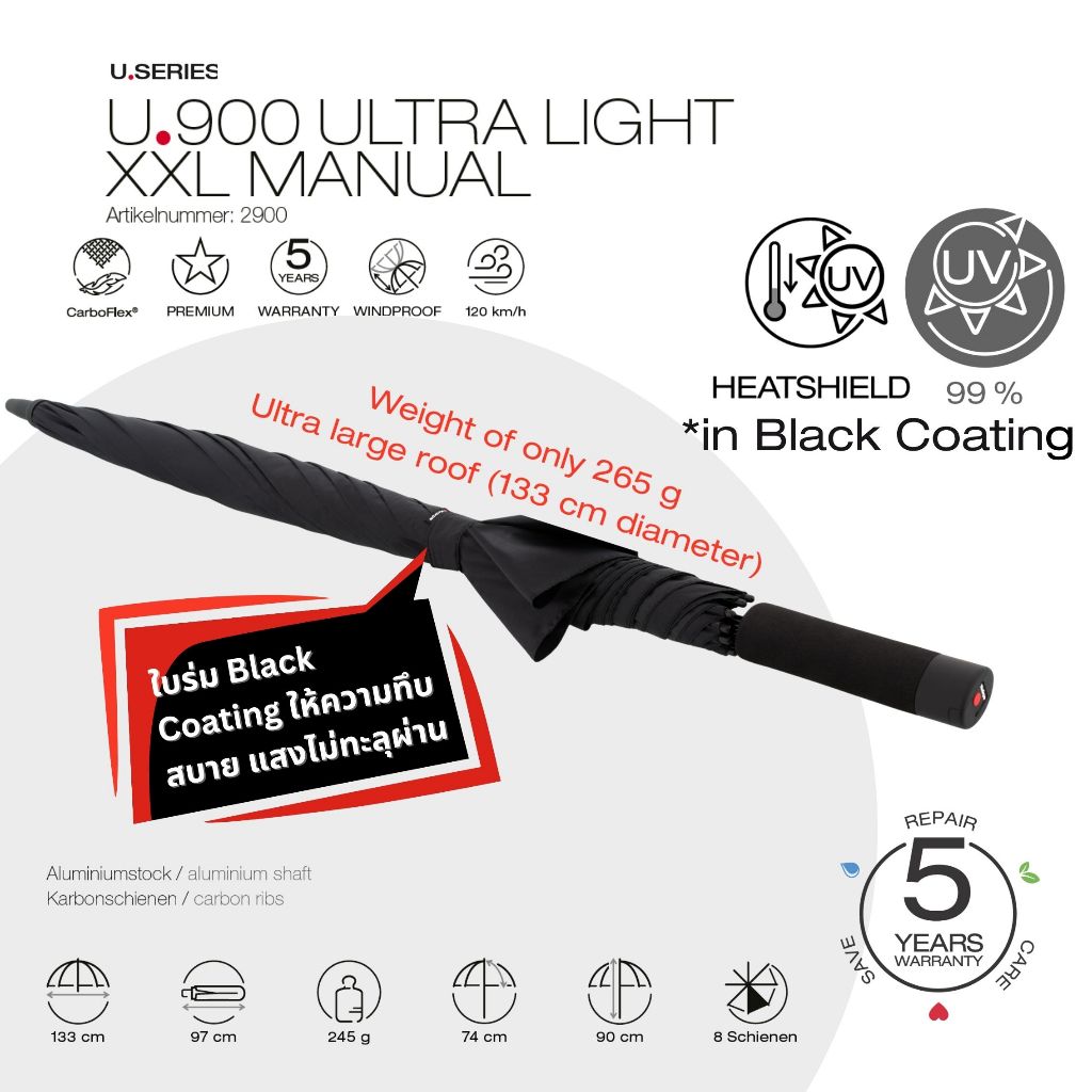 Knirps U.900 ร่มกันแดดขนาดใหญ่ น้ำหนักเบามาก ชนิด Manual (option UV99 Heatshield =  W Coating)