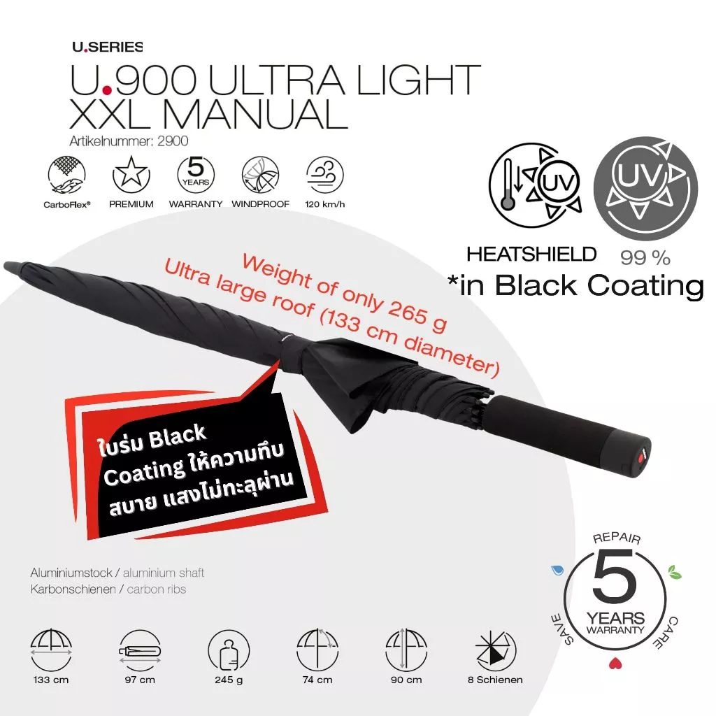 Knirps U.900 ร่มกอล์ฟเบาพิเศษ UV99 Heat ShieldsTM ลดความร้อน40% Manual 133cm, 295g.