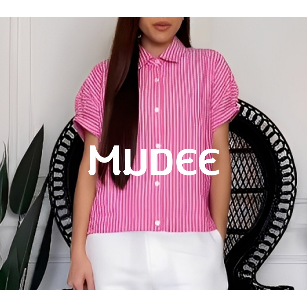 MUDEE เสื้อเชิ้ตลินินลายริ้วแขนสั้น สีแดงขาว