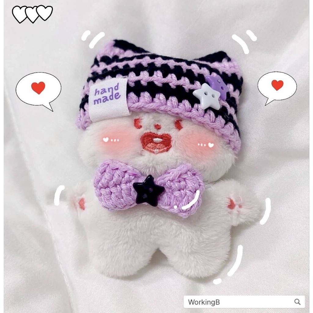 ชุดตุ๊กตา 10 cm : บีนนี่หูแมวลายทางสลับสี + โบติดคอ เปลี่ยนสีไหมพรมได้ค่ะ (เฉพาะชุดไม่รวมตุ๊กตา)