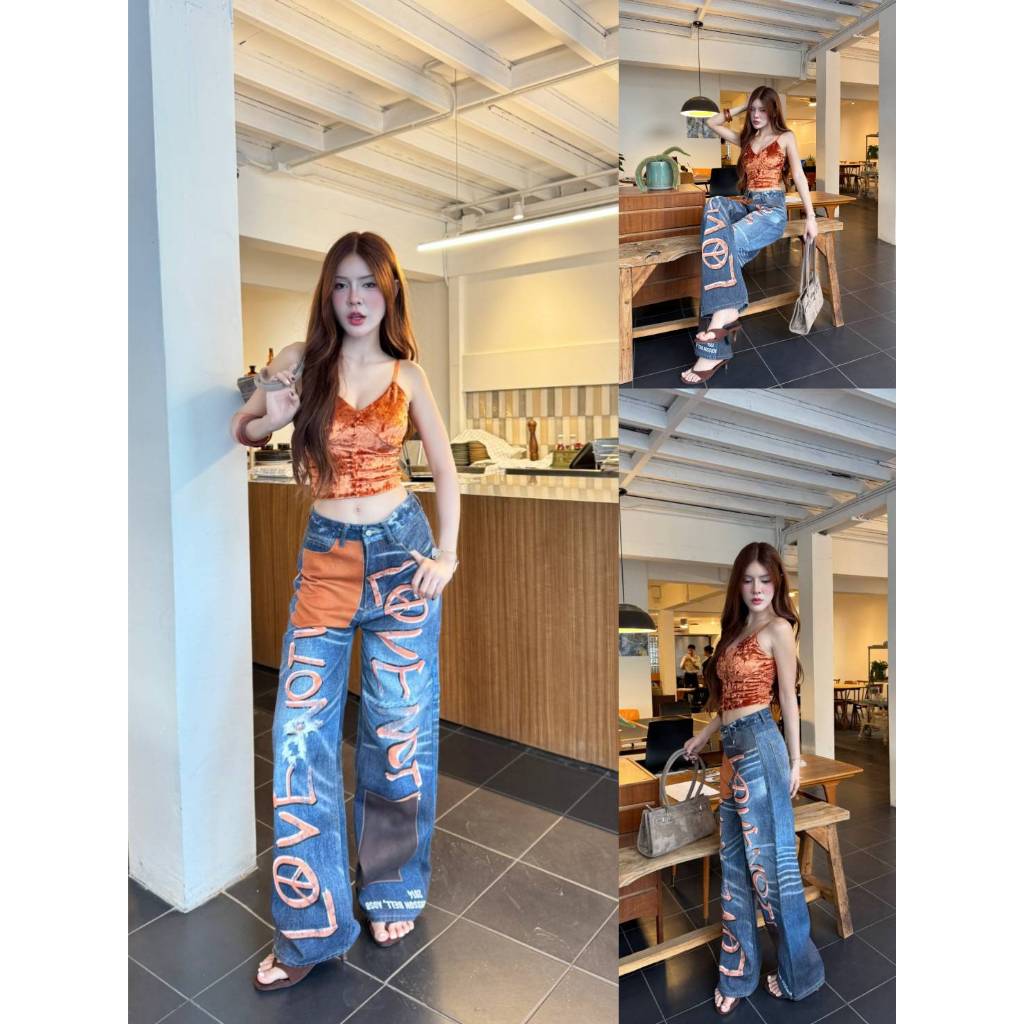 •BACK UP STUDIO• BUS 8206 "JEANS" กางเกงยีนส์ เอวสูง ทรงกระบอก งานพิมพ์ 3D ผ้ายีนส์ใยน้ำแข็ง