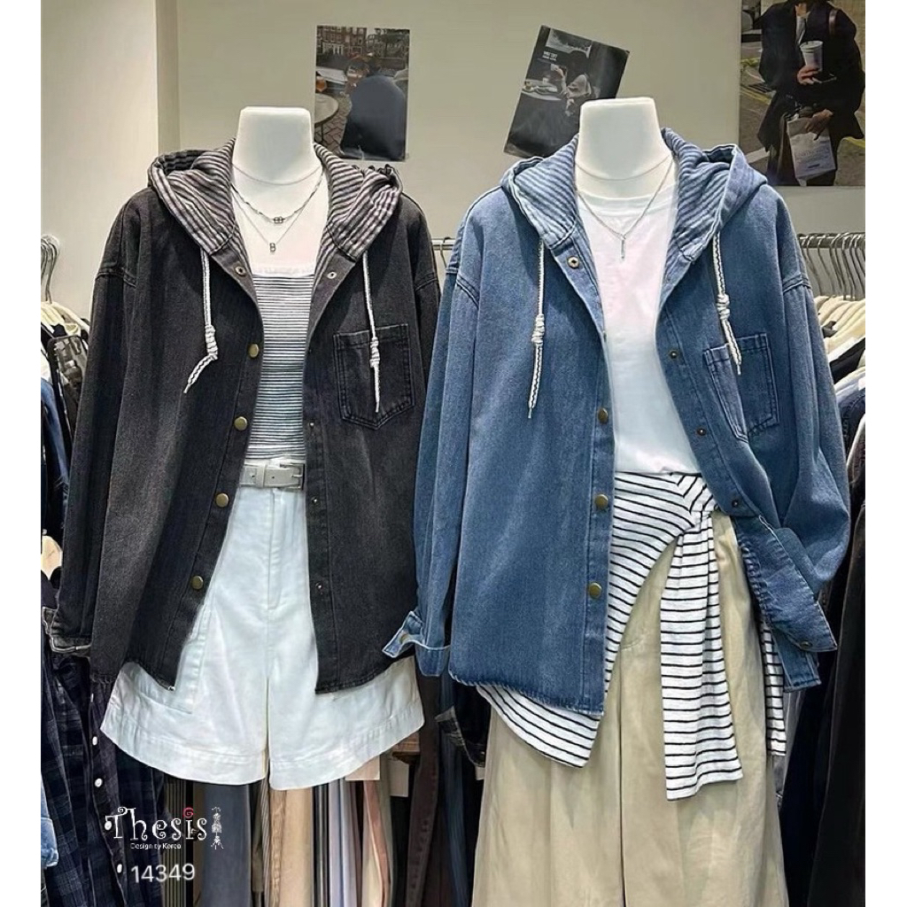 🌈🌿🌸🌼🌺💙🖤🇰🇷 Jeans Hood Patch Stripe Long Sleeve Shirt