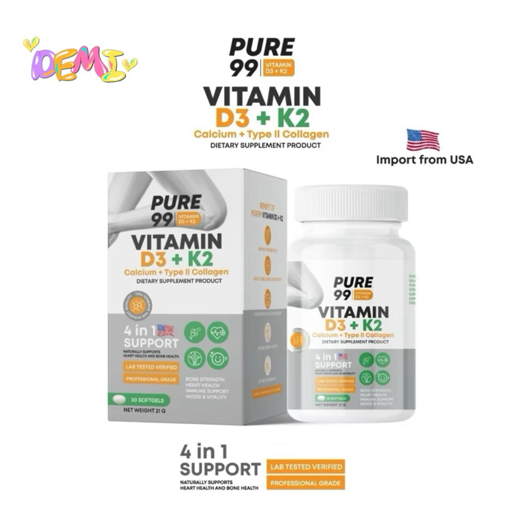 Pure99 วิตามิน D3+K2+Calcium+Collagen Type II 30 เม็ด – สูตรดูแลข้อ เข่า กระดูก