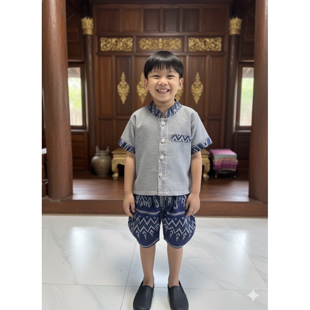 ชุดไทยเด็ก ผู้ชาย งานผ้าฝ้ายหมักโคน ใส่ไปโรงเรียนหรือวันลอยกระทงนี้ดีไซน์น่ารักใส่แล้วลูกคุณหนู