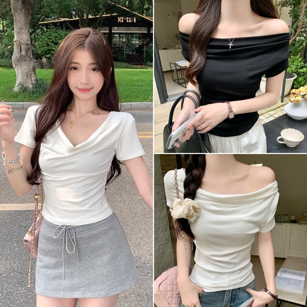 cherryshop พร้อมส่ง เสื้อยืดสั้นคอสวิงฤดูร้อนของผู้หญิงเวอร์ชั่นเกาหลี สีพื้น ปิดไหล่ ผ้าใส่สบาย เซ็กซีเบาๆ