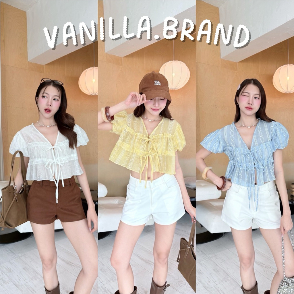 เสื้อคอปกแขนพอง แต่งโบว์ผูกด้านหน้า เอวรูดได้ -pd / VB0575