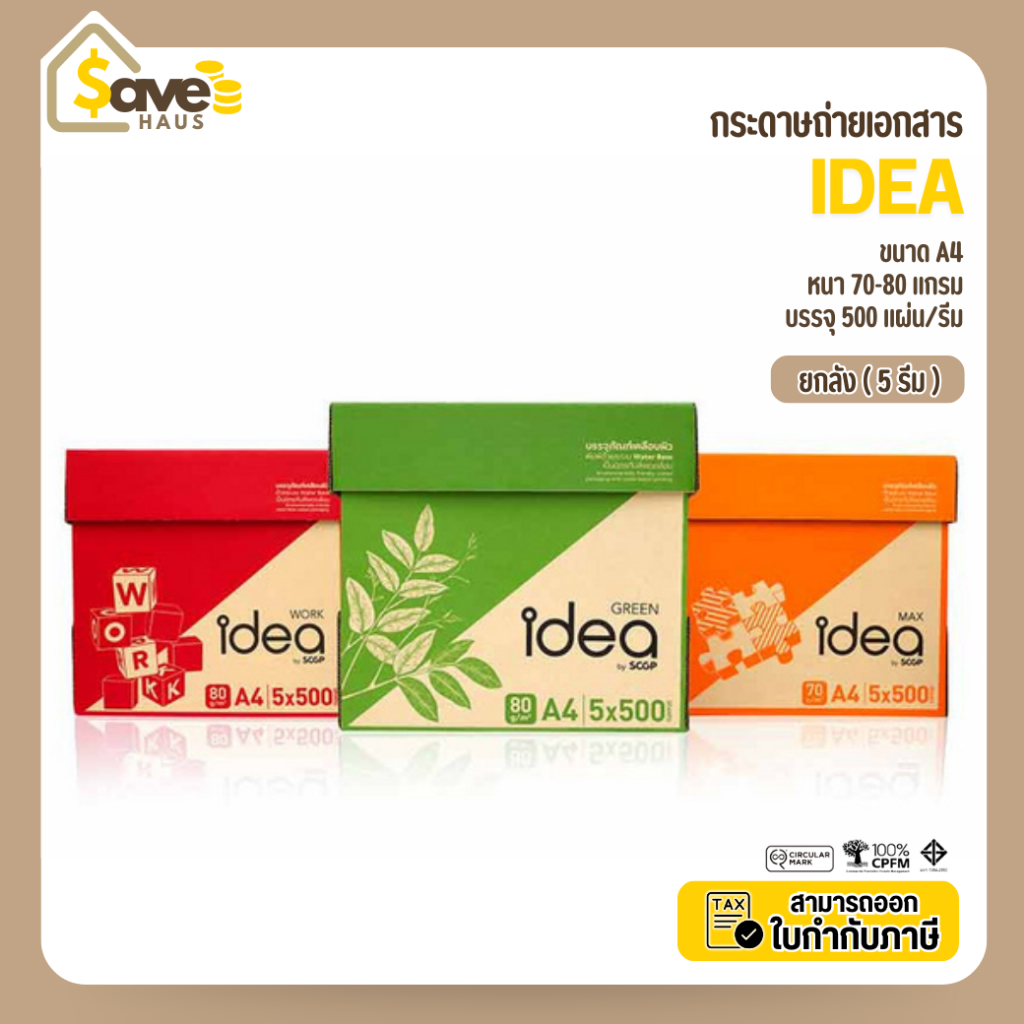 ยกลัง - กระดาษ ถ่ายเอกสาร ขนาด A4 Idea กระดาษถ่ายเอกสาร 70-80 แกรม A4 จำนวน 5 รีม/กล่อง ยี่ห้อ Idea