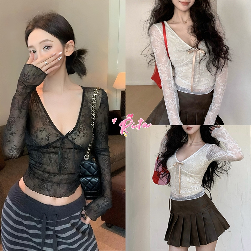 Rita พร้อมส่ง🍒คอวีหลึกเสื้อเบลาส์ เสื้อลูกไม้ แขนยาว เสื้อ2ชั้นติดกัน ทรงเข้ารูป เซ็กซี่แฟชั่นผู้หญิง ใส่สบาย ผ้าซี่ทรู