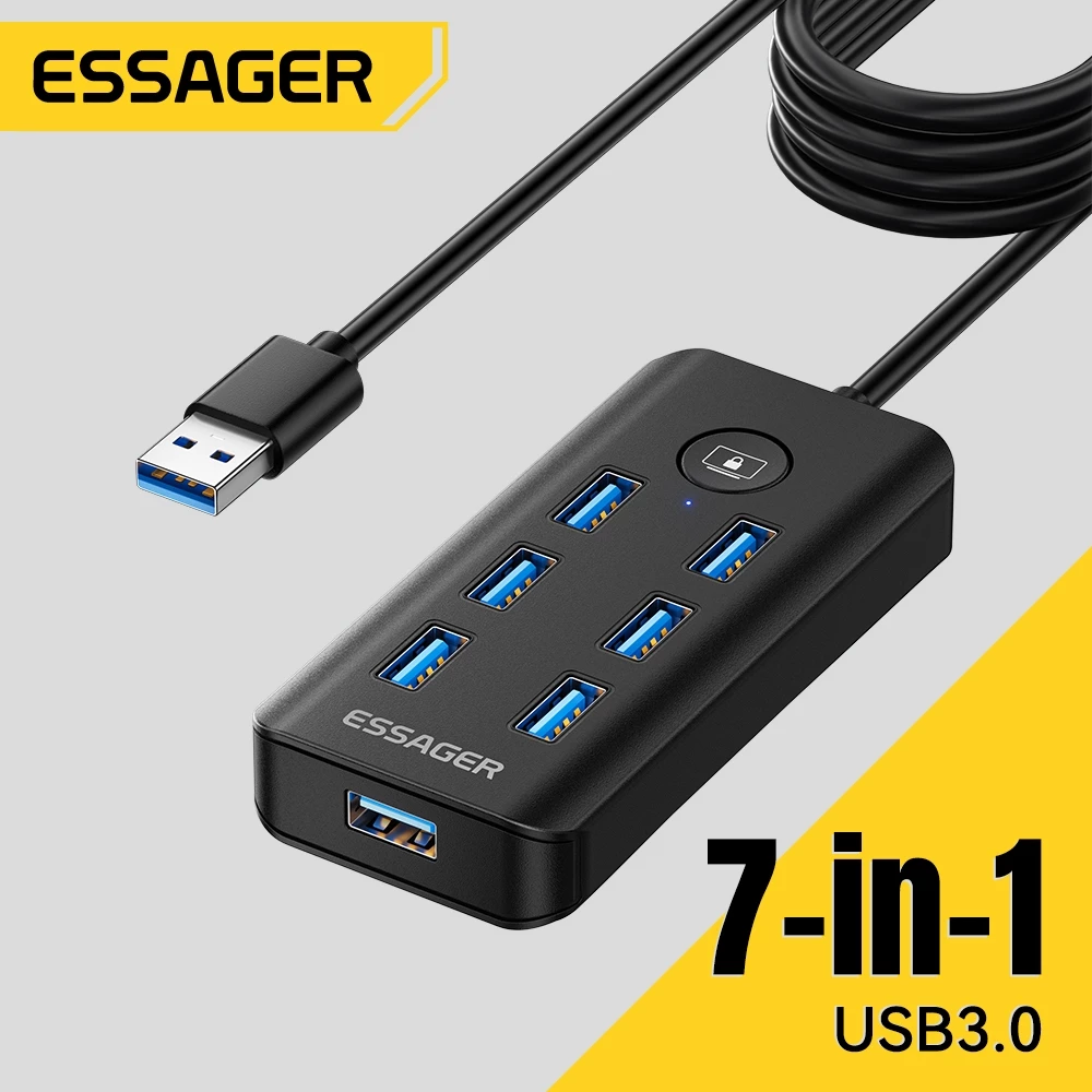 Essager 7-in-1 ฮับ USB 3.0 พร้อมการส่งข้อมูลความเร็วสูง 5Gbps และปุ่มปิดหน้าจอเพื่อปกป้องความเป็นส่วนตัว