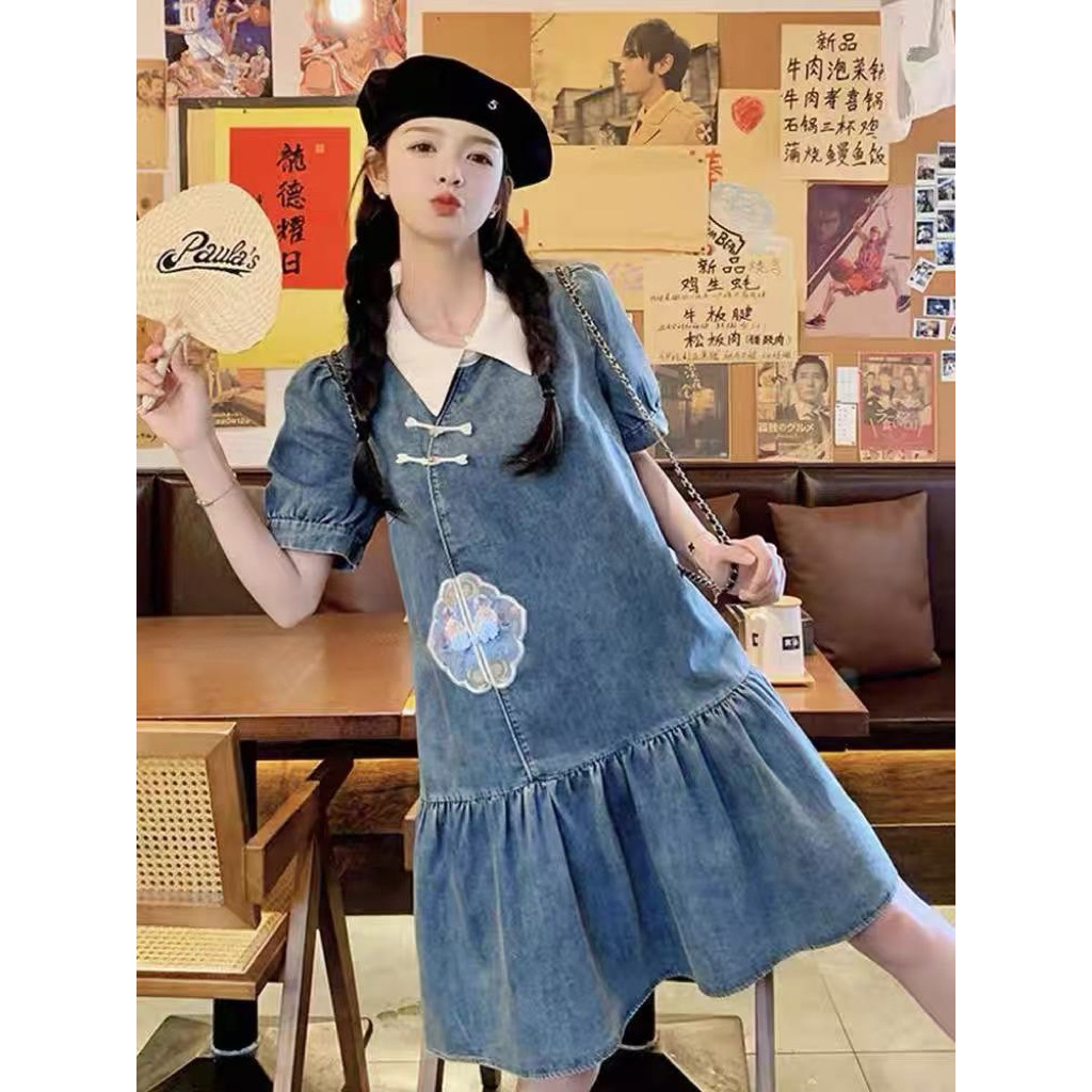 LN6677 เดรสกระโปรงยีนส์ คอปก ปักลวดลาย ทรงจีนๆหมวยๆ S-4XL