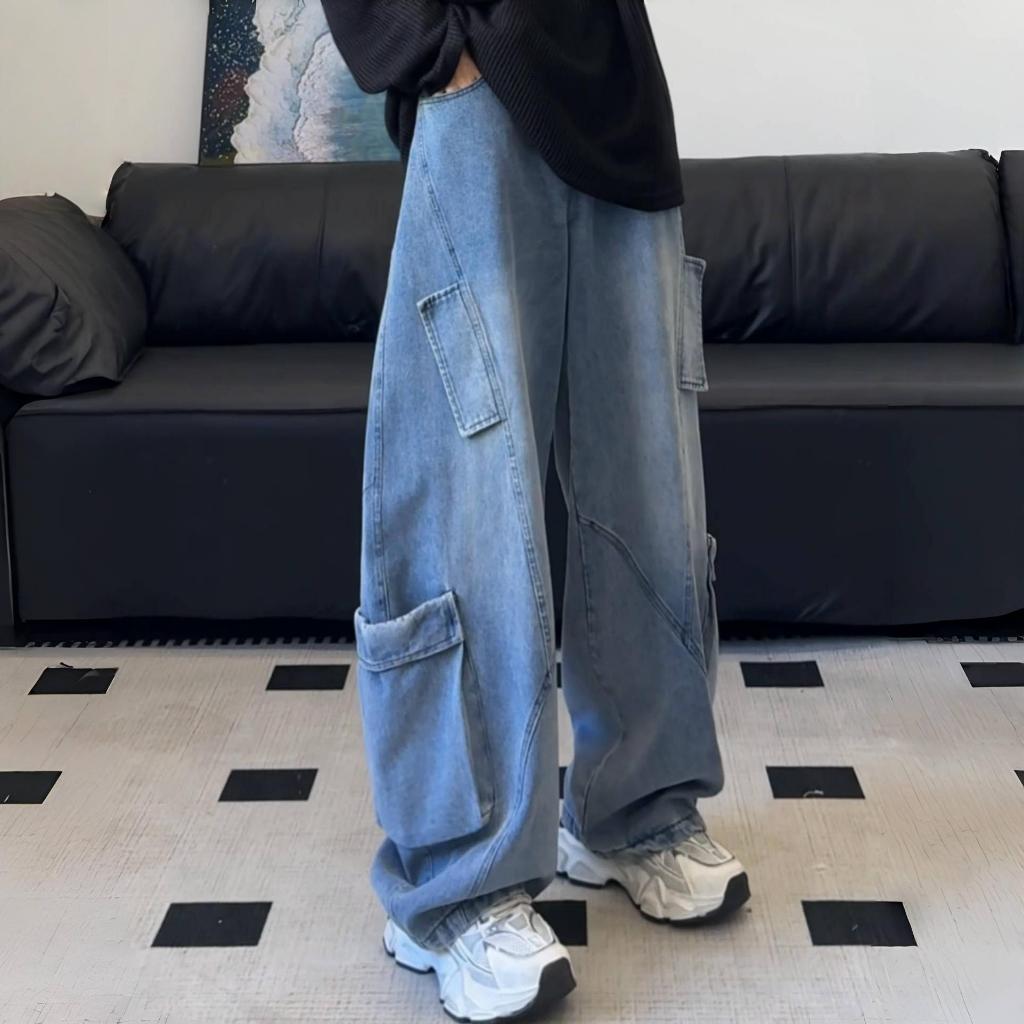 Loma Wear-Unisex Retro Wide Leg Cargo Jeans Streetwear Multi Pocket Loose Fit Denim Pants