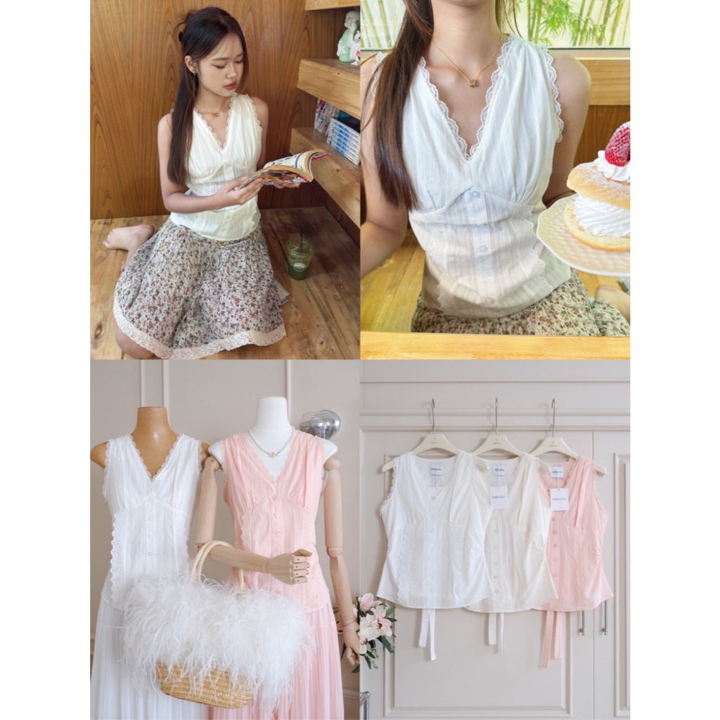 •PRISANA• PSN 53418 เสื้อแขนกุดงานผ้าลูกไม้นุ่มละมุน โทนสีสวย ดีเทลตัดต่อผ้าลูกไม้