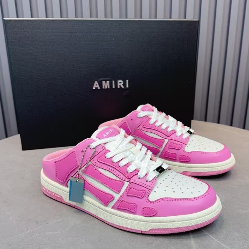 AMIRI Skel - ท็อปส์ซูหนังต่ำลูกไม้เปิดส้นแฟชั่นรองเท้าแตะหัวสำหรับผู้ชาย / ผู้หญิงสีชมพู