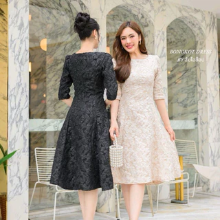DL07 (**ผ้าลัคชูลายชบา**)เดรสออกงานแขน3ส่วน ชุดทำงาน ชุดไปคาเฟ่สวยสุภาพเรียบหรู (ลงตรงไซส์)