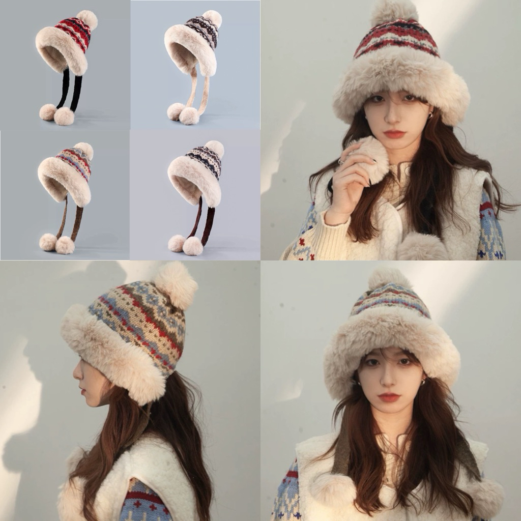 (MT) หมวกไหมพรมลายขนเฟอร์ หัวจุก บุขนด้านใน กันหนาว นุ่ม อุ่น 4 สี