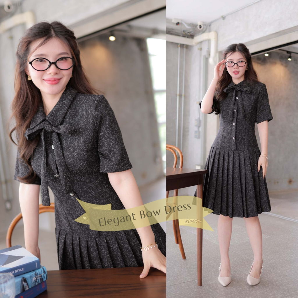 "Romi"Oil" Elegant Bow Dress K329 ชุดเดรสสีดำ (ผ้าทวีตผูกโบว์ที่คอ)