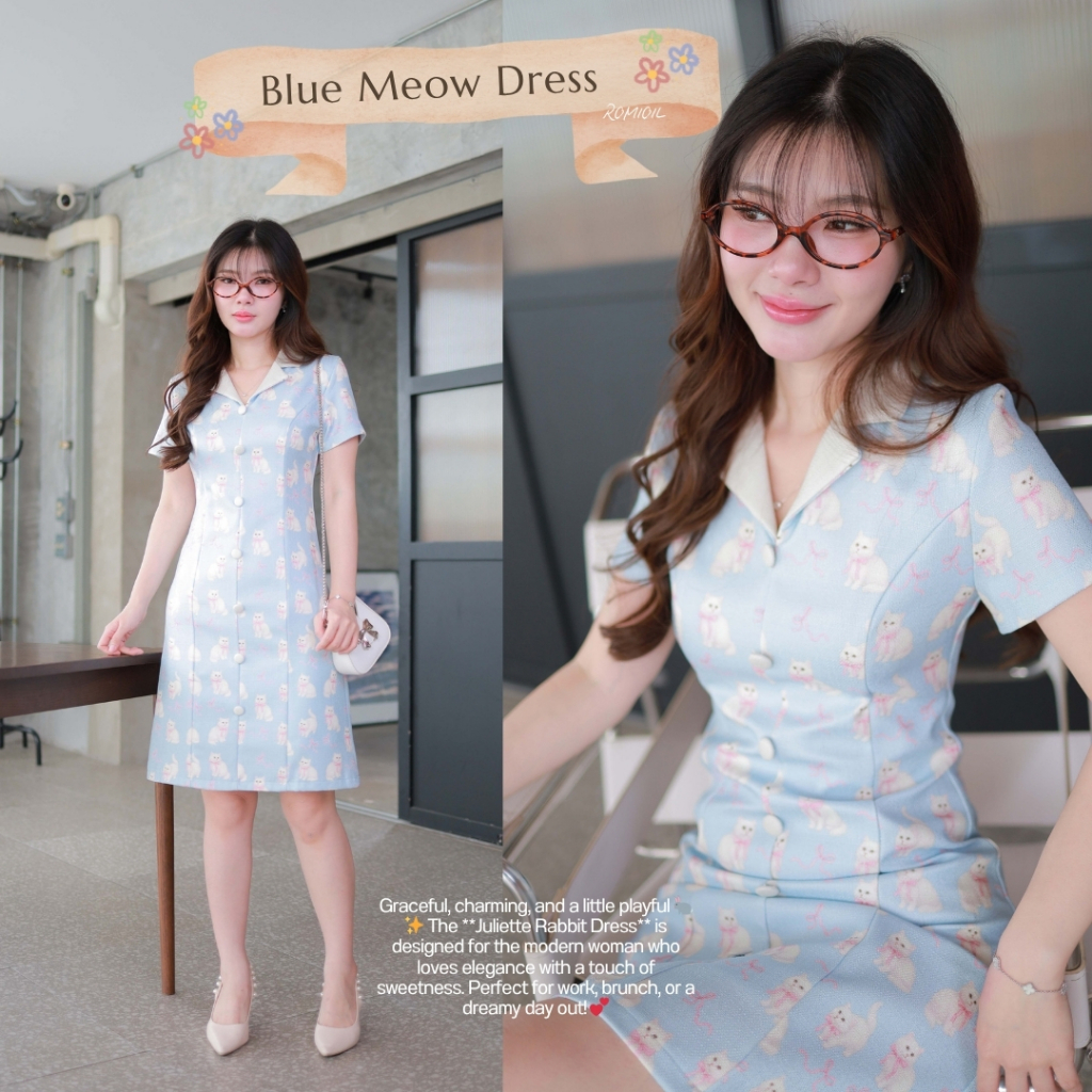 "Romi"Oil" Blue Meow Dress K326 ชุดเดรสสีฟ้า (คอปกผ้าทวีตลายแมว)