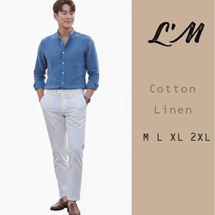 L'm men's style เสื้อเชิ้ตคอจีน แขนยาว ผ้าคอตตอนลินิน เนื้อผ้ายืดหยุ่นได้