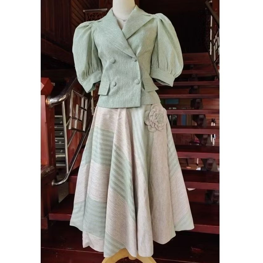 Oct03-ชุดเซตผ้าฝ้ายทอมือ เสื้อปกฮาวายกระโปรงย้วย แบรนด์ LINLANA มือ 1 อก 34 เอว 28 (แยกชิ้นได้)