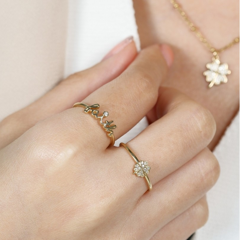 Grace Fine Jewelry خاتم ذهب 9K ببرسيم الحظ والألماس — صورة 5