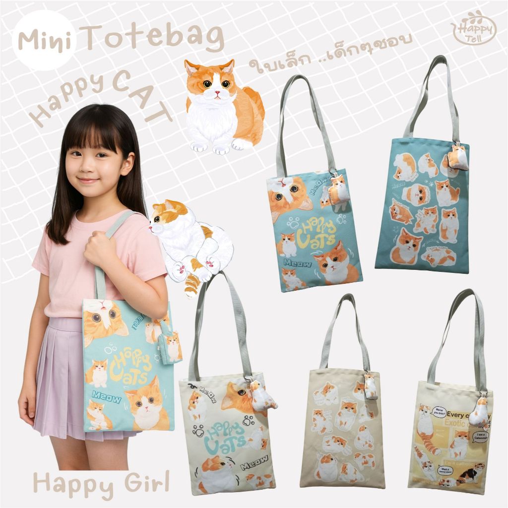 Happy Tell กระเป๋าผ้าสะพายข้างใบเล็ก 1 ช่อง ไม่มีซิป ผ้าแคนวาส Shoulder bag ลายน้องแมวสุดน่ารัก – โปรปัง