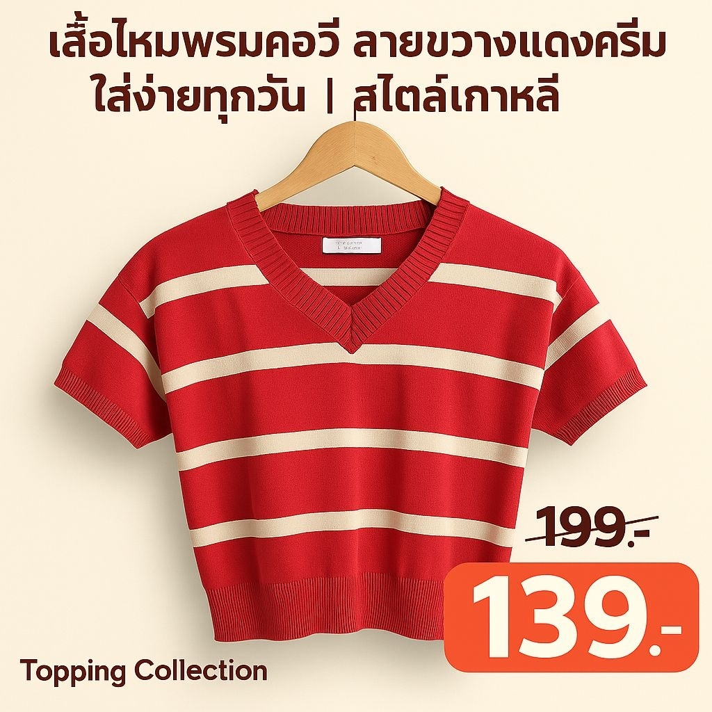 เสื้อไหมพรมคอวี ลายขวางแดงครีม | ป้ายแบรนด์ Topping Collection | สไตล์เกาหลี มินิมอล ใส่ง่ายทุกโอกาส