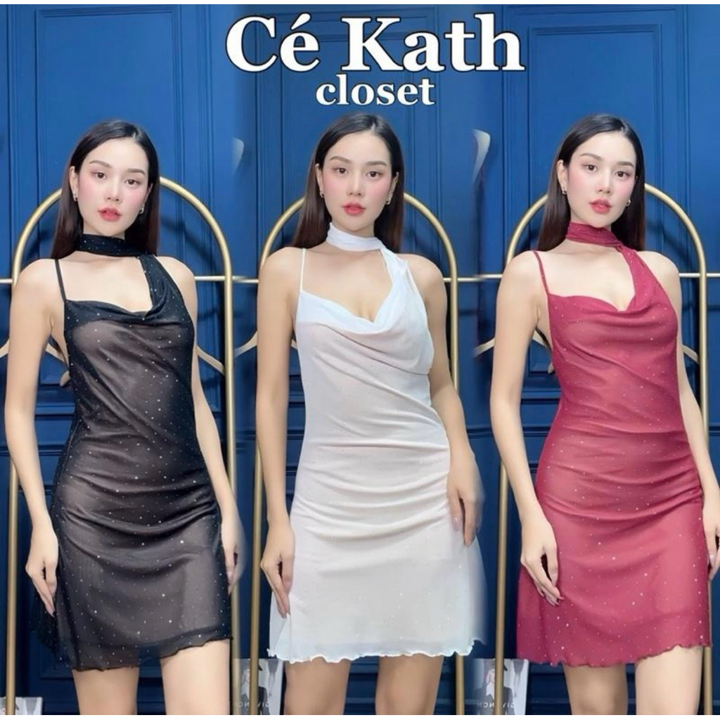 Cekathเดรสสั้นซีทรูปักกลิตเตอร์ผาดคอ NT4