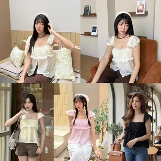 Viera cami : เสื้อสายเดี่ยว แต่งแขนระบาย เย็บลูกไม้ช่วงหน้าอก กระดุมหน้าใช้งานได้ KN.Clothes