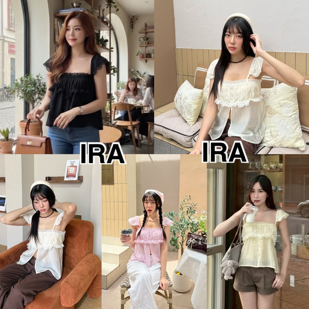 BY IRA(23275)  เสื้อสายเดี่ยวแต่งลูกไม้ ผ้าฝ้ายเนื้อบางสวย กระดุมด้านหน้า แหวกหน้าด้านล่าง ฮอตฮิตสุดๆ