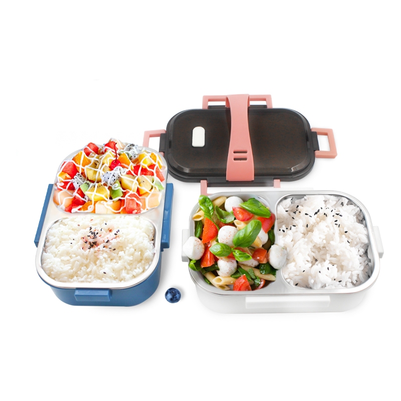 Lunch box กล่องอาหารทรงเหลี่ยม 2 ช่องมีหูหิ้ว ถาดสเตนเลส 304