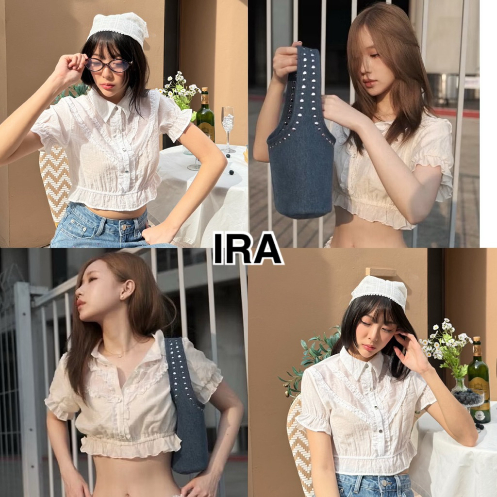 BY IRA Crop Brooke  พร้อมส่ง  เสื้อครอป แขนตุ๊กตา เสื้อเอวลอย ชายระบาย