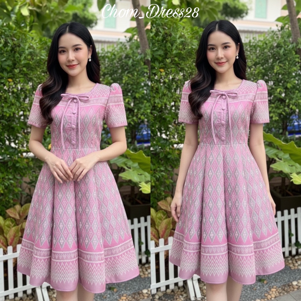 ชุดเดรส สีชมพู เดรสผ้าไทย ผ้าทออัดกาวทั้งชุด Code:NO