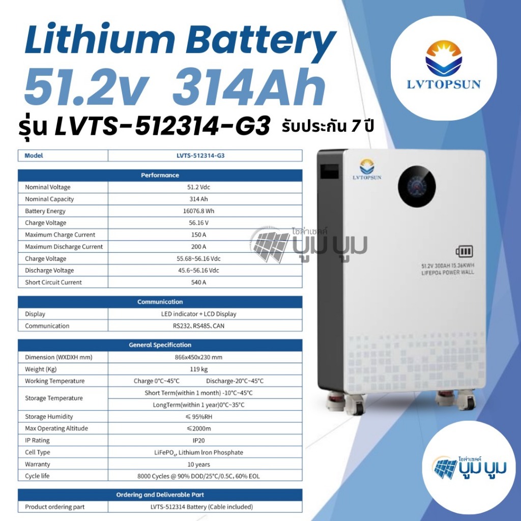 Lithium Battery 51.2V 314 Ah G3 LVTopsun 8000 Cycle  แบตเตอรี่ลิเธียมมีมาตรฐาน