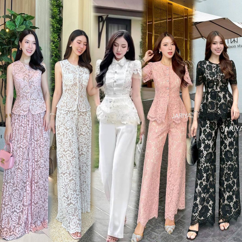 S-XXL ชุดเซทกางเกง เสื้อลูกไม้+กางเกงผ้าลูกไม้ขายาว สีขาว/แดง/ชมพู​/ดำ  #Abigail #Btstudio