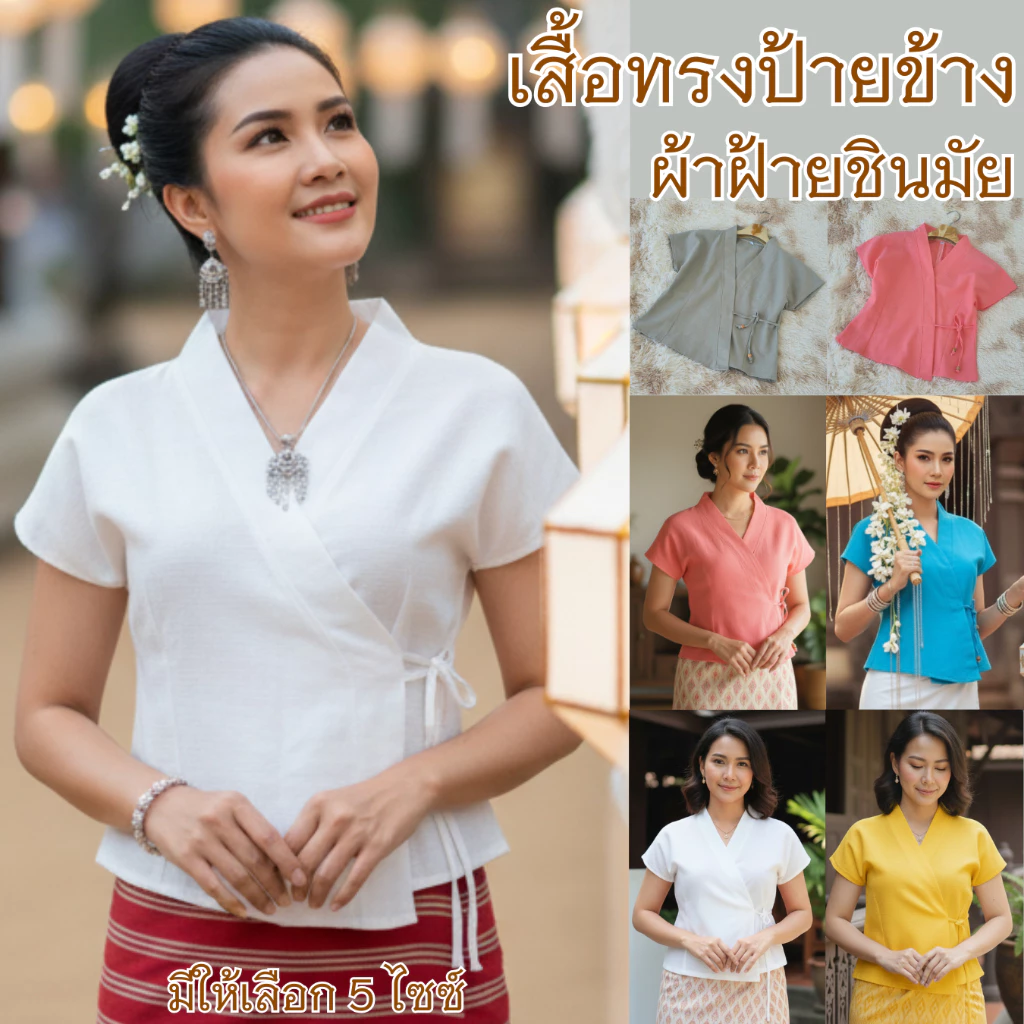 เสื้อพื้นเมืองหญิง เสื้อผ้าฝ้ายป้ายข้าง มีให้เลือก 5 ไซส์ รอบอก 36-44