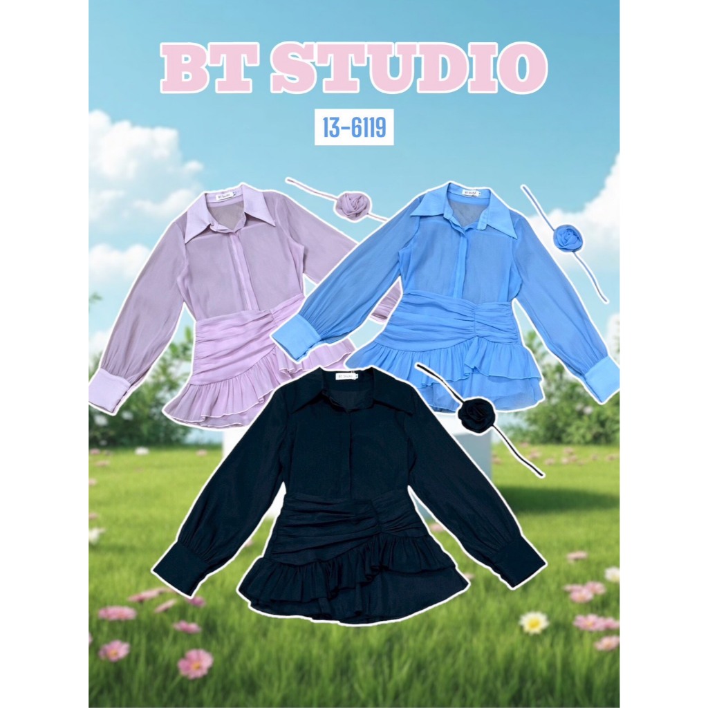 BT 13-6119 เซท 3 ชิ้น เสื้อแขนยาวคอปก มาพร้อมโชคเกอร์ติดดอกไม้ แมทซ์กับกระโปรงสั้นซับในกางเกงช่วงเอวจับจีบด้านหน้า