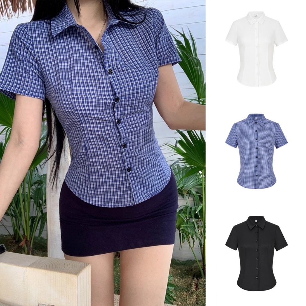 Beryl เสื้อแฟชั่นผู้หญิง เสื้อเซ็กซี่แซ่บๆ แขนสั้น เปิดปุ่ม รัดรูป สายฝอ ปังไม่ไหว มีสไตล์และเรียบง่าย