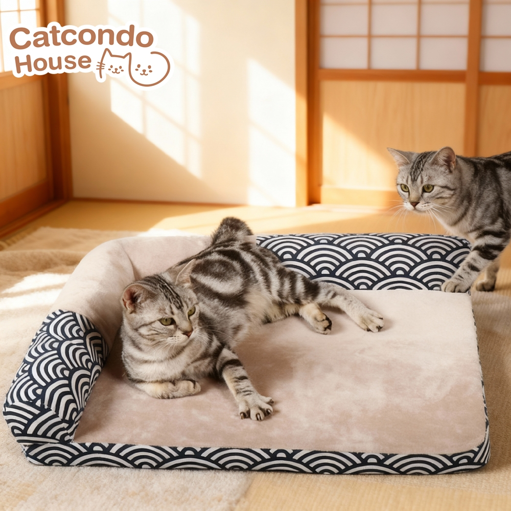 Cathouse เบาะลายคลื่นญี่ปุ่น ที่นอนสัตว์เลี้ยงแมวหมา ที่นอนแมว บ้านแมว เตียงแมว ที่นอนแมวระบายอากาศ