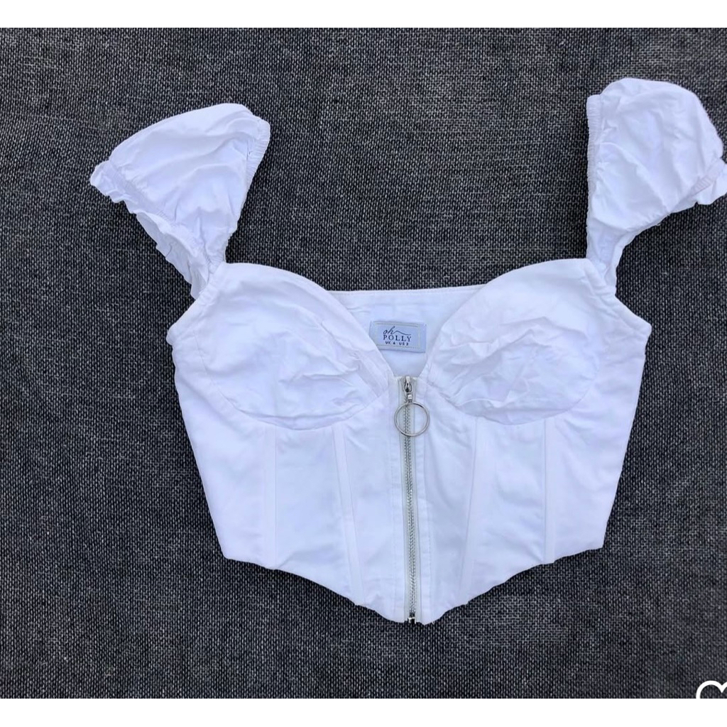 used Oh Polly Short oh polly💯แท้ Puff Sleeve Corset Crop Top in Oyster White