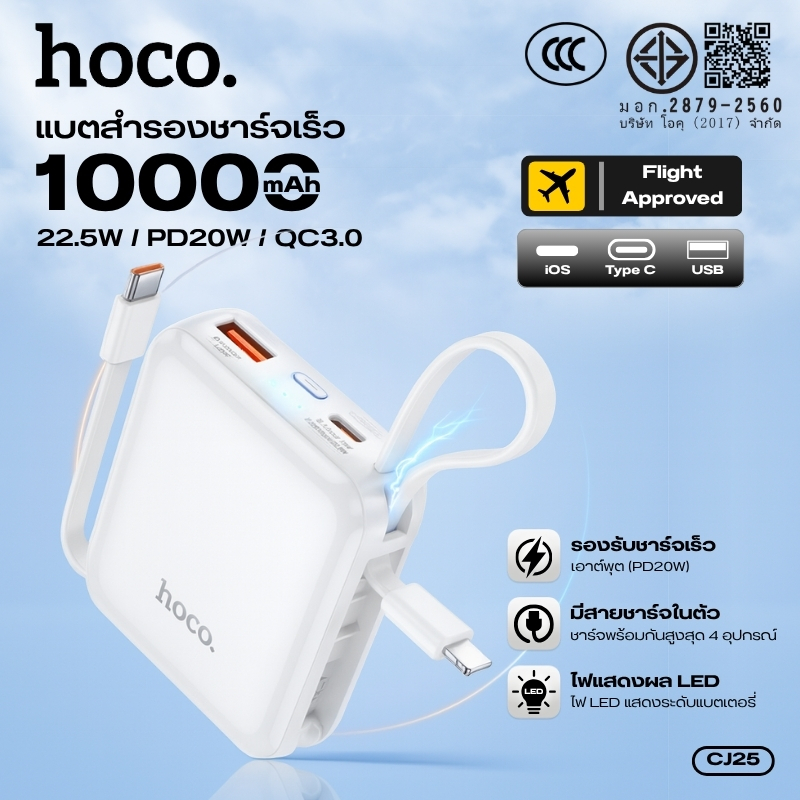 [China CCC] แบตสำรอง 10000mAh HOCO DK6-CJ25 สามารถนำขึ้นเครื่องบินได้ รองรับการชาร์จพร้อมกันสูงสุดถึง 4 อุปกรณ์