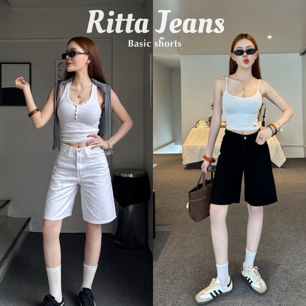 Rittajeans [S-3XL] กางเกงยีนส์ขา 3 ส่วน เอวสูง ผ้าไม่ยืด ยาว 20 นิ้ว (Y-AM)